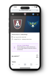 Mobile screen showing Atlanta Dream game event details and the SafeTix ticket display in the Ticketmaster app.