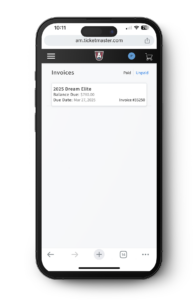 Mobile screen showing an Atlanta Dream Elite Membership invoice available to select and pay in the Ticketmaster app.