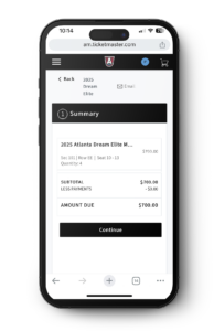 Mobile screen showing an Atlanta Dream Elite Membership invoice summary with the remaining balance due and a Continue button to complete payment.
