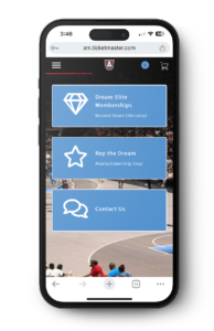 Mobile screen showing the Atlanta Dream ticket portal homepage on the Ticketmaster app with a game view in the background.
