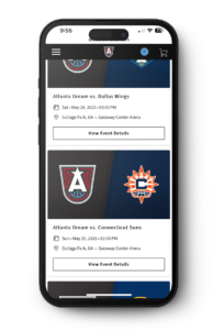 Mobile screen showing a list of upcoming Atlanta Dream games with View Event Details buttons in the Ticketmaster app.