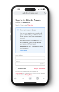 Mobile screen showing the Ticketmaster sign-in page to access Atlanta Dream tickets.