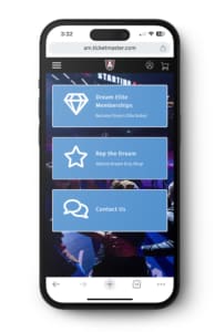 Mobile screen showing the Atlanta Dream ticket portal homepage on the Ticketmaster app with menu options.