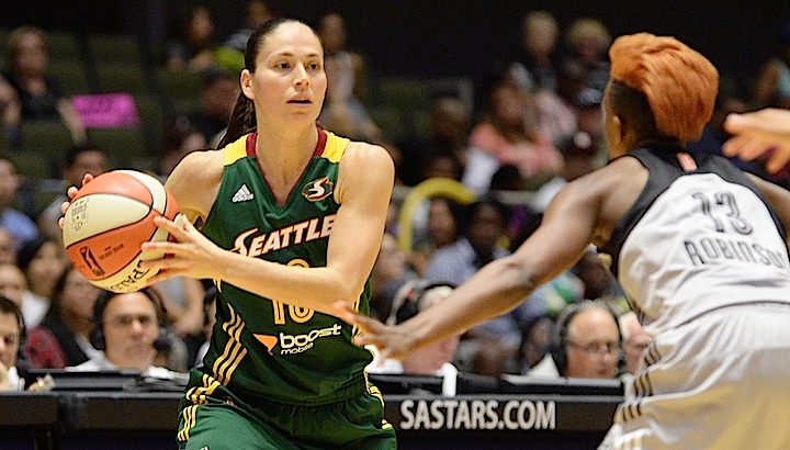 SAN ANTONIO, TX - JUNE 27: Sue Bird #10 of the Seattle Storm looks to move the ball against the San Antonio Stars during the game on June 27, 2015 at Freeman Coliseum in San Antonio, Texas. NOTE TO USER: User expressly acknowledges and agrees that, by downloading and or using this Photograph, user is consenting to the terms and conditions of the Getty Images License Agreement. Mandatory Copyright Notice: Copyright 2015 NBAE (Photo by D. Clarke Evans/NBAE via Getty Images)