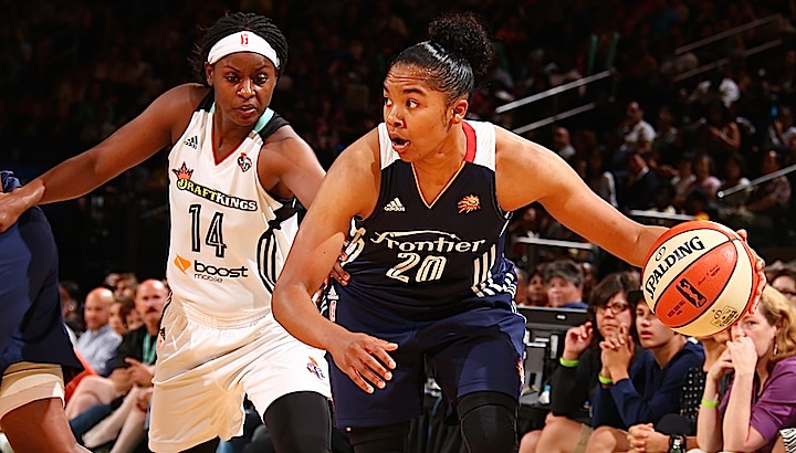 NEW YORK, NY - JULY 16: Alex Bentley #20 of the Connecticut Sun defends the ball against Sugar Rodgers #14 of the New York Liberty during the game on July 16, 2015 at Madison Square Garden, New York City , New York.  NOTE TO USER: User expressly acknowledges and agrees that, by downloading and or using this Photograph, user is consenting to the terms and conditions of the Getty Images License Agreement. Mandatory Copyright Notice: Copyright 2015 NBAE (Photo by Nathaniel S. Butler/NBAE via Getty Images)