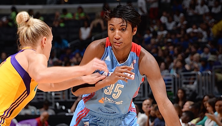 LOS ANGELES, CA - JULY 16: Angel McCoughtry #35 of the Atlanta Dream drives against the Los Angeles Sparks on July 16, 2015 at STAPLES Center in Los Angeles, California. NOTE TO USER: User expressly acknowledges and agrees that, by downloading and or using this Photograph, user is consenting to the terms and conditions of the Getty Images License Agreement. Mandatory Copyright Notice: Copyright 2015 NBAE (Photo by Andrew D. Bernstein/NBAE via Getty Images)