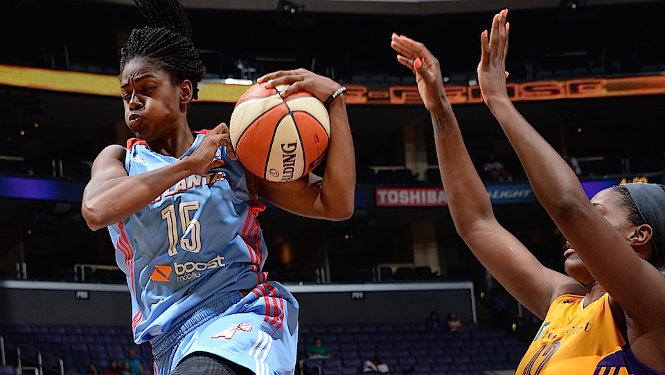 LOS ANGELES, CA - JULY 16: Tiffany Hayes #15 of the Atlanta Dream grabs a rebound against the Los Angeles Sparks on July 16, 2015 at STAPLES Center in Los Angeles, California. NOTE TO USER: User expressly acknowledges and agrees that, by downloading and or using this Photograph, user is consenting to the terms and conditions of the Getty Images License Agreement. Mandatory Copyright Notice: Copyright 2015 NBAE (Photo by Andrew D. Bernstein/NBAE via Getty Images)