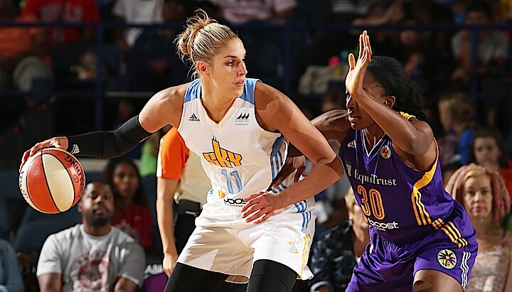 ROSEMONT, IL - JULY 31: Elena Delle Donne #11 of the Chicago Sky handles the ball against the Los Angeles Sparks on July 31, 2015 at Allstate Arena in Rosemont, Illinois. NOTE TO USER: User expressly acknowledges and agrees that, by downloading and or using this Photograph, user is consenting to the terms and conditions of the Getty Images License Agreement. Mandatory Copyright Notice: Copyright 2015 NBAE (Photo by Gary Dineen/NBAE via Getty Images)