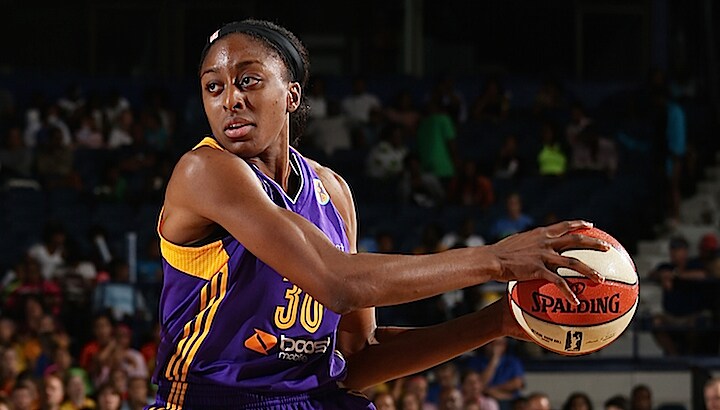 ROSEMONT, IL - JULY 31: Nneka Ogwumike #30 of the Los Angeles Sparks handles the ball against the Chicago Sky on July 31, 2015 at Allstate Arena in Rosemont, Illinois. NOTE TO USER: User expressly acknowledges and agrees that, by downloading and or using this Photograph, user is consenting to the terms and conditions of the Getty Images License Agreement. Mandatory Copyright Notice: Copyright 2015 NBAE (Photo by Gary Dineen/NBAE via Getty Images)