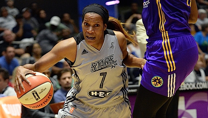 SAN ANTONIO - AUGUST 2: Jia Perkins #7 of the San Antonio Stars drives to the basket against the Los Angeles Sparks on August 2, 2015 at the Freeman Coliseum in San Antonio, Texas. NOTE TO USER: User expressly acknowledges and agrees that, by downloading and or using this photograph, user is consenting to the terms and conditions of the Getty Images License Agreement. Mandatory Copyright Notice: Copyright 2015 NBAE (Photos by D. Clarke Evans/NBAE via Getty Images)