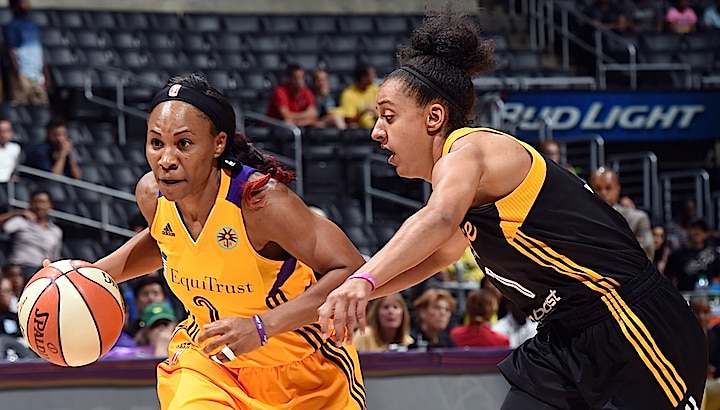 LOS ANGELES, CA - AUGUST 6: Temeka Johnson #2 of the Los Angeles Sparks drives to the basket against Brianna Kiesel #1 of the Tulsa Shock on August 6, 2015 at Staples Center in Los Angeles, California. NOTE TO USER: User expressly acknowledges and agrees that, by downloading and or using this Photograph, user is consenting to the terms and conditions of the Getty Images License Agreement. Mandatory Copyright Notice: Copyright 2015 NBAE (Photo by /NBAE via Getty Images)