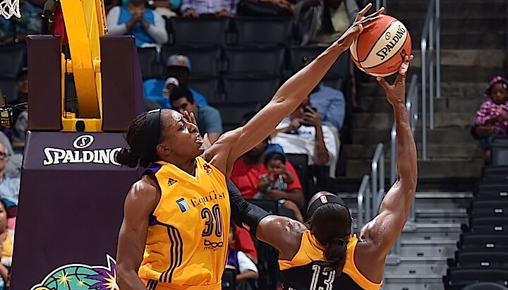 LOS ANGELES, CA - AUGUST 6: Nneka Ogwumike #30 of the Los Angeles Sparks blocks a shot attempt by Karima Christmas #13 of the Tulsa Shock on August 6, 2015 at Staples Center in Los Angeles, California. NOTE TO USER: User expressly acknowledges and agrees that, by downloading and or using this Photograph, user is consenting to the terms and conditions of the Getty Images License Agreement. Mandatory Copyright Notice: Copyright 2015 NBAE (Photo by /NBAE via Getty Images)