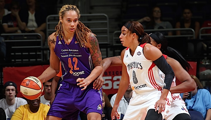 WASHINGTON, DC - AUGUST 28: Brittney Griner #42 of the Phoenix Mercury handles the ball against the Washington Mystics on August 25, 2015 at the Verizon Center in Washington, DC. NOTE TO USER: User expressly acknowledges and agrees that, by downloading and or using this Photograph, user is consenting to the terms and conditions of the Getty Images License Agreement. Mandatory Copyright Notice: Copyright 2015 NBAE (Photo by Ned Dishman/NBAE via Getty Images)