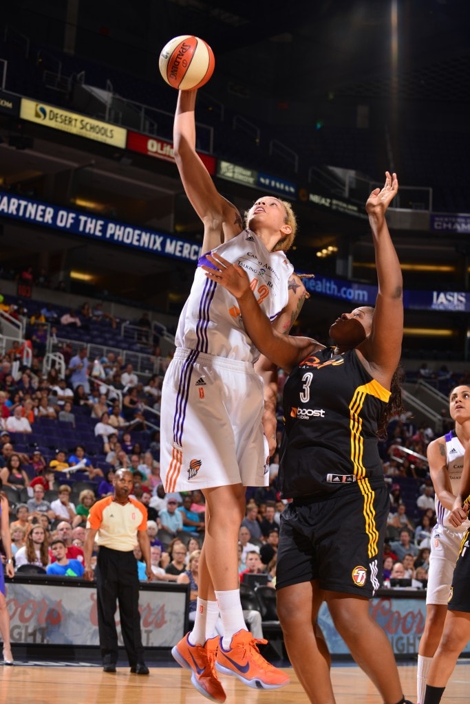 PHOENIX, AZ - AUGUST 4: Brittney Griner #42 of the Phoenix Mercury goes up for a shot against the Tulsa Shock on August 4, 2015 at US Airways Center in Phoenix, Arizona. NOTE TO USER: User expressly acknowledges and agrees that, by downloading and or using this Photograph, user is consenting to the terms and conditions of the Getty Images License Agreement. Mandatory Copyright Notice: Copyright 2015 NBAE (Photo by Barry Gossage/NBAE via Getty Images)