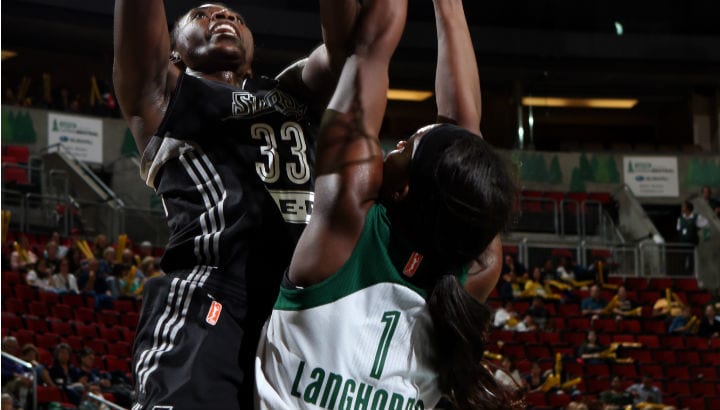 Sophia Young-Malcolm #33 of the San Antonio Stars shoots the ball against the Seattle Storm