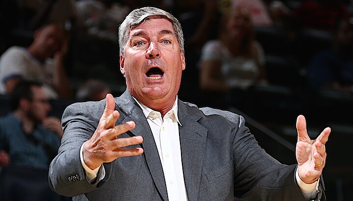 NEW YORK, NY - SEPTEMBER 1: Head coach Bill Laimbeer of the New York Liberty reacts to a play during a game against the Atlanta Dream on September 1, 2015 at Madison Square Garden in New York, New York. NOTE TO USER: User expressly acknowledges and agrees that, by downloading and or using this photograph, User is consenting to the terms and conditions of the Getty Images License Agreement. Mandatory Copyright Notice: Copyright 2015 NBAE (Photo by Nathaniel S. Butler/NBAE via Getty Images)