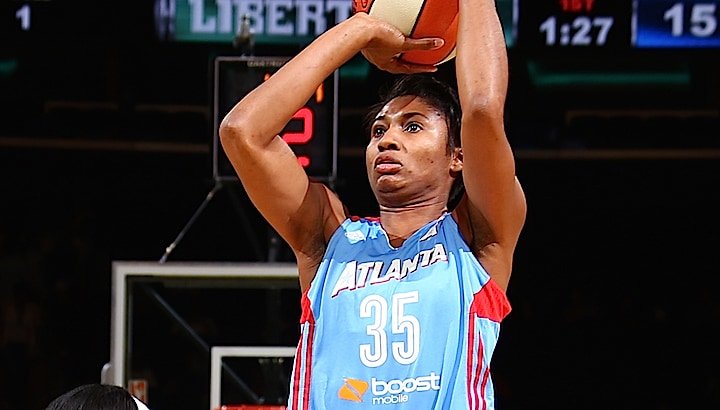 NEW YORK, NY - SEPTEMBER 1: Angel McCoughtry #35 of the Atlanta Dream shoots the ball against the New York Liberty on September 1, 2015 at Madison Square Garden in New York, New York. NOTE TO USER: User expressly acknowledges and agrees that, by downloading and or using this photograph, User is consenting to the terms and conditions of the Getty Images License Agreement. Mandatory Copyright Notice: Copyright 2015 NBAE (Photo by Nathaniel S. Butler/NBAE via Getty Images)