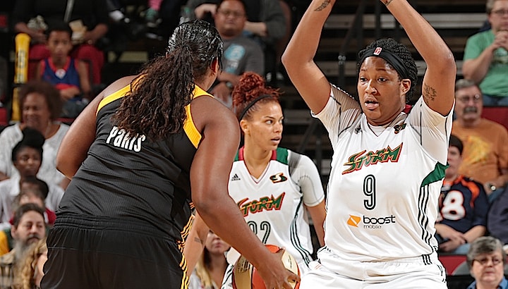 SEATTLE, WA - SEPTEMBER 3: Markeisha Gatling #9 of the Seattle Storm plays defense against the Tulsa Shock on September 3, 2015 at Key Arena in Seattle, Washington. NOTE TO USER: User expressly acknowledges and agrees that, by downloading and/or using this Photograph, user is consenting to the terms and conditions of Getty Images License Agreement. Mandatory Copyright Notice: Copyright 2015 NBAE (Photo by Joshua Huston/NBAE via Getty Images)
