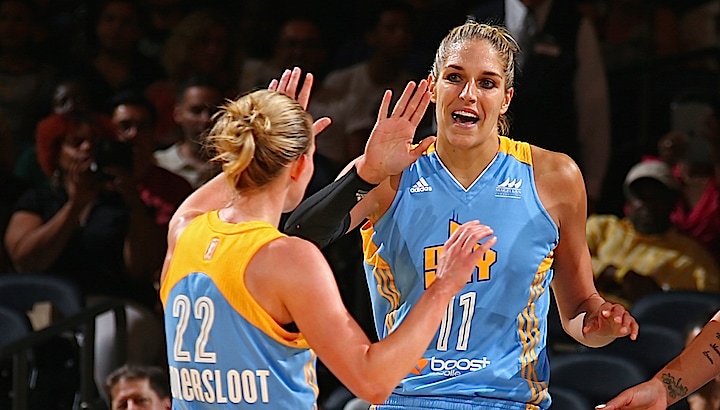 NEW YORK, NY - SEPTEMBER 3: Elena Delle Donne #11 and Courtney Vandersloot #22 of the Chicago Sky high five during the game against the New York Liberty on September 3, 2015 at Madison Square Garden, New York City , New York. NOTE TO USER: User expressly acknowledges and agrees that, by downloading and or using this Photograph, user is consenting to the terms and conditions of the Getty Images License Agreement. Mandatory Copyright Notice: Copyright 2015 NBAE (Photo by Nathaniel S. Butler/NBAE via Getty Images)