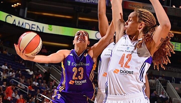 PHOENIX, AZ - SEPTEMBER 11: Ana Dabovic #23 of the Los Angeles Sparks shoots against Brittney Griner #42 of the Phoenix Mercury on September 11, 2015 at the US Airways Center in Phoenix, Arizona. NOTE TO USER: User expressly acknowledges and agrees that, by downloading and or using this Photograph, user is consenting to the terms and conditions of the Getty Images License Agreement. Mandatory Copyright Notice: Copyright 2015 NBAE (Photo by Barry Gossage/NBAE via Getty Images)