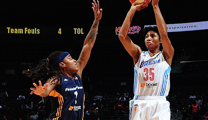 ATLANTA, GA - SEPTEMBER 11: Angel McCoughtry #35 of the Atlanta Dream shoots the ball against the Indiana Fever on September 11, 2015 at Philips Arena in Atlanta, Georgia. NOTE TO USER: User expressly acknowledges and agrees that, by downloading and/or using this Photograph, user is consenting to the terms and conditions of the Getty Images License Agreement. Mandatory Copyright Notice: Copyright 2015 NBAE (Photo by Scott Cunningham/NBAE via Getty Images)