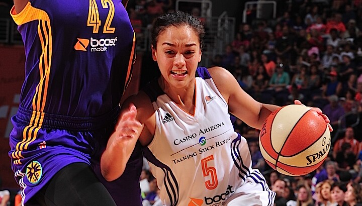 PHOENIX, AZ - SEPTEMBER 11: Leilani Mitchell #5 of the Phoenix Mercury drives against Jantel Lavender #42 of the Los Angeles Sparks on September 11, 2015 at the US Airways Center in Phoenix, Arizona. NOTE TO USER: User expressly acknowledges and agrees that, by downloading and or using this Photograph, user is consenting to the terms and conditions of the Getty Images License Agreement. Mandatory Copyright Notice: Copyright 2015 NBAE (Photo by Barry Gossage/NBAE via Getty Images)