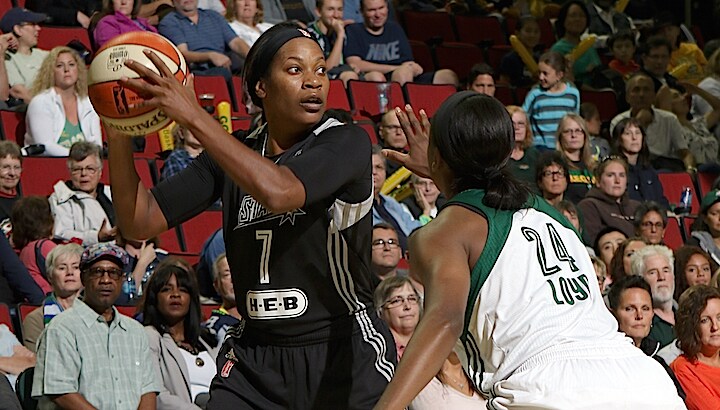 SEATTLE, WA - SEPTEMBER 13: Jia Perkins #7 of the San Antonio Stars handles the ball against the Seattle Storm on September 13, 2015 at Key Arena in Seattle, Washington. NOTE TO USER: User expressly acknowledges and agrees that, by downloading and/or using this Photograph, user is consenting to the terms and conditions of Getty Images License Agreement. Mandatory Copyright Notice: Copyright 2015 NBAE (Photo by Joshua Huston/NBAE via Getty Images)