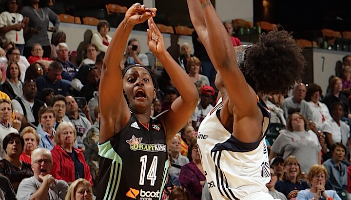 INDIANAPOLIS - SEPTEMBER 13: Sugar Rodgers #14 of the New York Liberty shoots the ball against the Indiana Fever on September 13, 2015 in Indianapolis, Indiana. NOTE TO USER: User expressly acknowledges and agrees that, by downloading and or using this Photograph, user is consenting to the terms and condition of the Getty Images License Agreement. Mandatory Copyright Notice: 2015 NBAE (Photo by Ron Hoskins/NBAE via Getty Images)