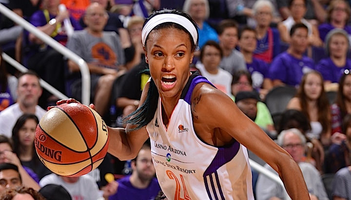 PHOENIX, AZ - SEPTEMBER 17: DeWanna Bonner #24 of the Phoenix Mercury dribbles the ball against the Tulsa Shock during the Game One of the WNBA Western Conference Semifinals on September 17, 2015 at the Talking Stick Resort Arena in Phoenix, Arizona. NOTE TO USER: User expressly acknowledges and agrees that, by downloading and or using this Photograph, user is consenting to the terms and conditions of the Getty Images License Agreement. Mandatory Copyright Notice: Copyright 2015 NBAE (Photo by Barry Gossage/NBAE via Getty Images)