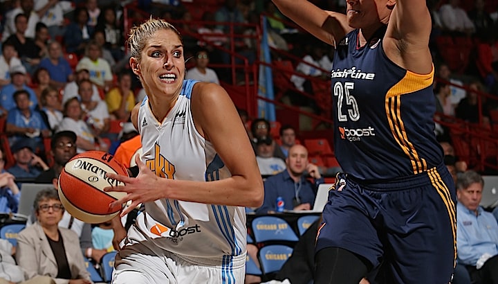 CHICAGO, IL - SEPTEMBER 17: Elena Delle Donne #11 of the Chicago Sky drives to the basket against the Indiana Fever during Game One of the Eastern Conference Semifinals on September 17, 2015 at UIC Pavilion in Chicago, Illinois. NOTE TO USER: User expressly acknowledges and agrees that, by downloading and/or using this photograph, user is consenting to the terms and conditions of the Getty Images License Agreement. Mandatory Copyright Notice: Copyright 2015 NBAE (Photo by Gary Dineen/NBAE via Getty Images)
