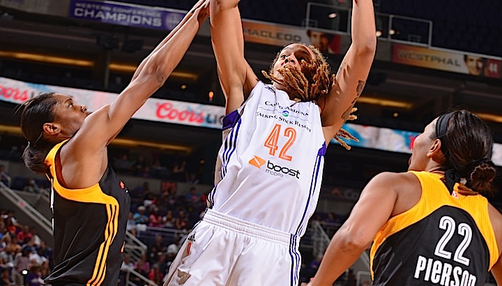 PHOENIX, AZ - SEPTEMBER 17: Brittney Griner #42 of the Phoenix Mercury shoots the ball against the Tulsa Shock during Game One of the WNBA Western Conference Semifinals on September 17, 2015 at the Talking Stick Resort Arena in Phoenix, Arizona. NOTE TO USER: User expressly acknowledges and agrees that, by downloading and or using this Photograph, user is consenting to the terms and conditions of the Getty Images License Agreement. Mandatory Copyright Notice: Copyright 2015 NBAE (Photo by Barry Gossage/NBAE via Getty Images)