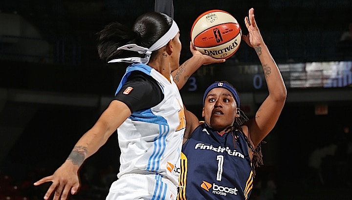 CHICAGO, IL - SEPTEMBER 17: Shavonte Zellous #1 of the Indiana Fever shoots the ball against the Chicago Sky during Game One of the Eastern Conference Semifinals on September 17, 2015 at UIC Pavilion in Chicago, Illinois. NOTE TO USER: User expressly acknowledges and agrees that, by downloading and/or using this photograph, user is consenting to the terms and conditions of the Getty Images License Agreement. Mandatory Copyright Notice: Copyright 2015 NBAE (Photo by Gary Dineen/NBAE via Getty Images)