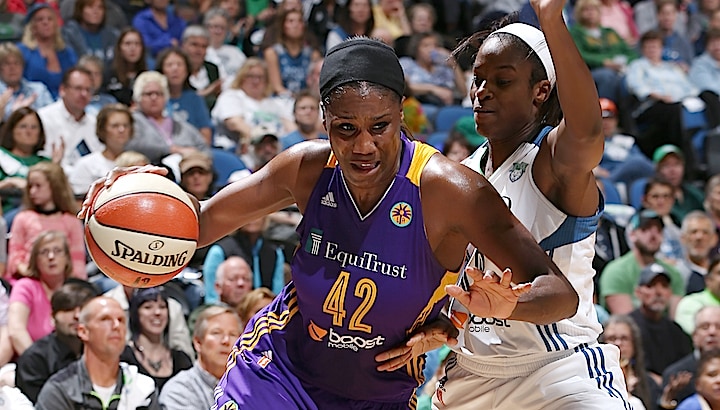 MINNEAPOLIS, MN - SEPTEMBER 18: Jantel Lavender #42 of the Los Angeles Sparks drives to the basket against the Minnesota Lynx during Game 1 of the 2015 WNBA Western Conference Semifinal on September 18, 2015 at Target Center in Minneapolis, Minnesota. NOTE TO USER: User expressly acknowledges and agrees that, by downloading and or using this Photograph, user is consenting to the terms and conditions of the Getty Images License Agreement. Mandatory Copyright Notice: Copyright 2015 NBAE (Photo by David Sherman/NBAE via Getty Images)