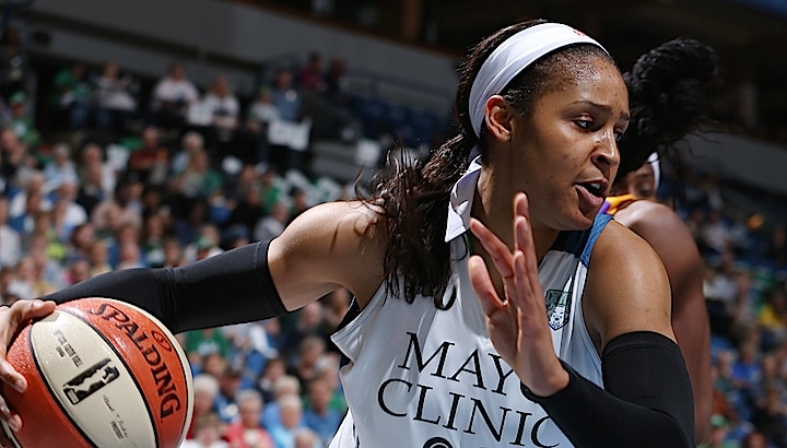 MINNEAPOLIS, MN - SEPTEMBER 18: Maya Moore #23 of the Minnesota Lynx handles the ball against the Los Angeles Sparks during Game 1 of the 2015 WNBA Western Conference Semifinal on September 18, 2015 at Target Center in Minneapolis, Minnesota. NOTE TO USER: User expressly acknowledges and agrees that, by downloading and or using this Photograph, user is consenting to the terms and conditions of the Getty Images License Agreement. Mandatory Copyright Notice: Copyright 2015 NBAE (Photo by David Sherman/NBAE via Getty Images)