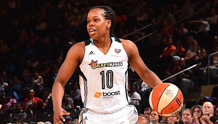 NEW YORK,NY - SEPTEMBER 18: Epiphanny Prince #10 of the New York Liberty dribbles the ball against the Washington Mystics during game One of the WNBA Semi-Finals at Madison Square Garden on September 18, 2015 in New York, New York NOTE TO USER: User expressly acknowledges and agrees that, by downloading and/or using this Photograph, user is consenting to the terms and conditions of the Getty Images License Agreement. Mandatory Copyright Notice: Copyright 2015 NBAE (Photo by Jesse D. Garrabrant/NBAE via Getty Images)