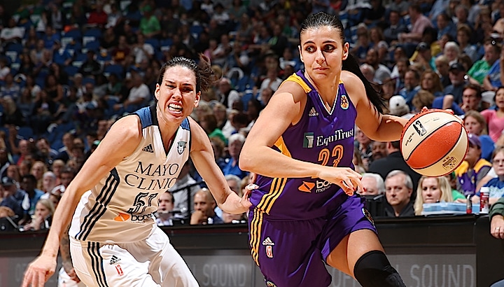 MINNEAPOLIS, MN - SEPTEMBER 22:  Ana Dabovic #23 of the Los Angeles Sparks handles the ball against Anna Cruz #51 of the Minnesota Lynx during Game 3 of the 2015 WNBA Western Conference Semifinal on September 22, 2015 at Target Center in Minneapolis, Minnesota.  NOTE TO USER: User expressly acknowledges and agrees that, by downloading and or using this Photograph, user is consenting to the terms and conditions of the Getty Images License Agreement. Mandatory Copyright Notice: Copyright 2015 NBAE (Photo by David Sherman/NBAE via Getty Images)