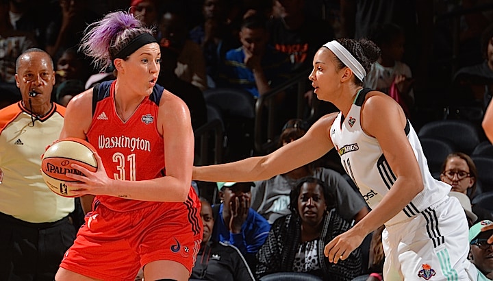 NEW YORK,NY - SEPTEMBER 22 :  Stefanie Dolson #31 of the Washington Mystics backs up to the basket against the New York Liberty during game One of the WNBA Semi-Finals at Madison Square Garden on September 22, 2015 in New York, New York NOTE TO USER: User expressly acknowledges and agrees that, by downloading and/or using this Photograph, user is consenting to the terms and conditions of the Getty Images License Agreement. Mandatory Copyright Notice: Copyright 2015 NBAE (Photo by Jesse D. Garrabrant/NBAE via Getty Images)