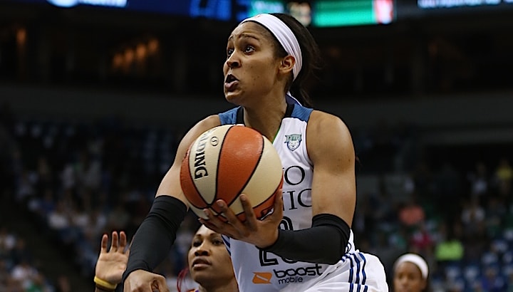MINNEAPOLIS, MN - SEPTEMBER 22:  Maya Moore #23 of the Minnesota Lynx drives to the basket against the Los Angeles Sparks during Game 3 of the 2015 WNBA Western Conference Semifinal on September 22, 2015 at Target Center in Minneapolis, Minnesota.  NOTE TO USER: User expressly acknowledges and agrees that, by downloading and or using this Photograph, user is consenting to the terms and conditions of the Getty Images License Agreement. Mandatory Copyright Notice: Copyright 2015 NBAE (Photo by Jordan Johnson/NBAE via Getty Images)