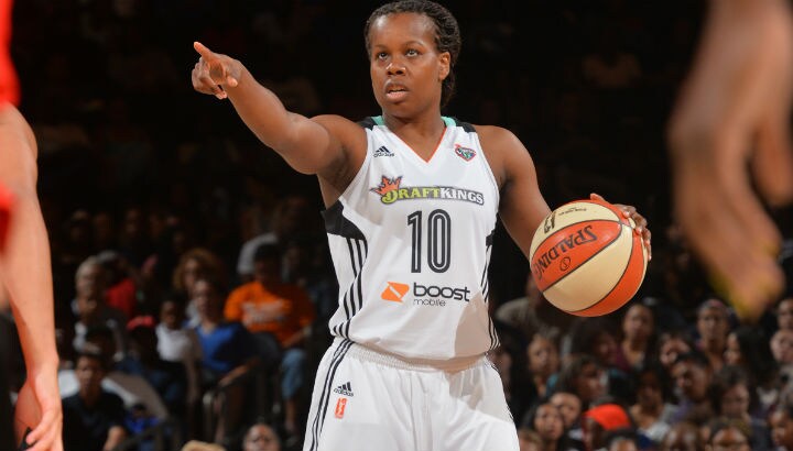 Epiphanny Prince #10 of the New York Liberty calls a play against the Washington Mystics