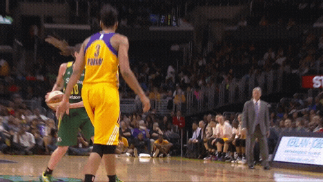 Executes the give and go with Jewell Loyd and finishes the layup against Candace Parker