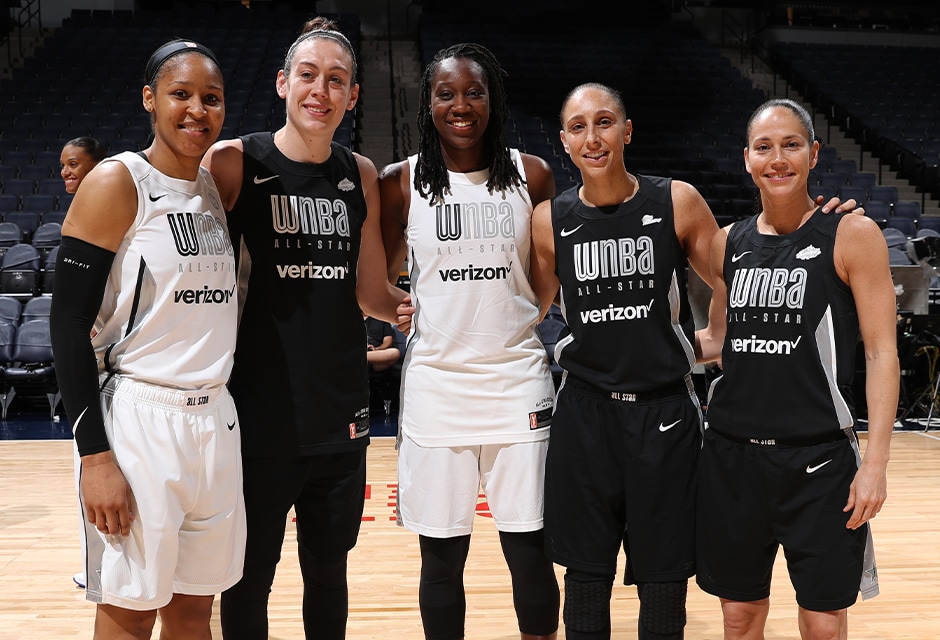 Maya Moore, Breanna Stewart, Tina Charles, Diana Taurasi and Sue Bird pictured during a WNBA All-Star game