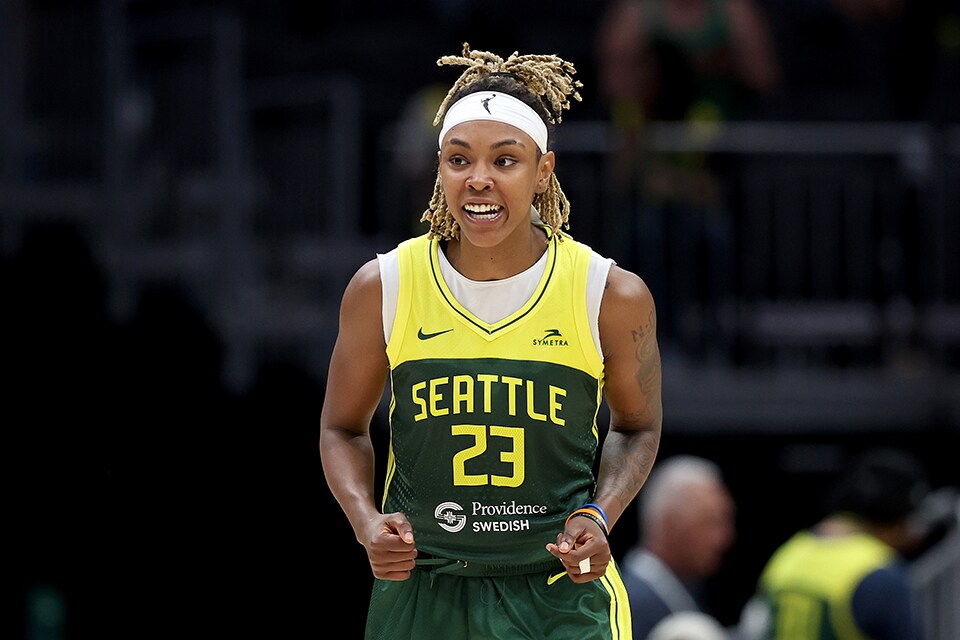 Jordan Horston #23 of the Seattle Storm reacts during the third quarter against the Minnesota Lynx