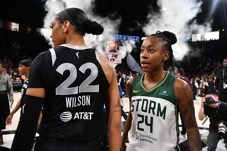 A'ja Wilson and Jewell Loyd following a matchup during the 2024 season