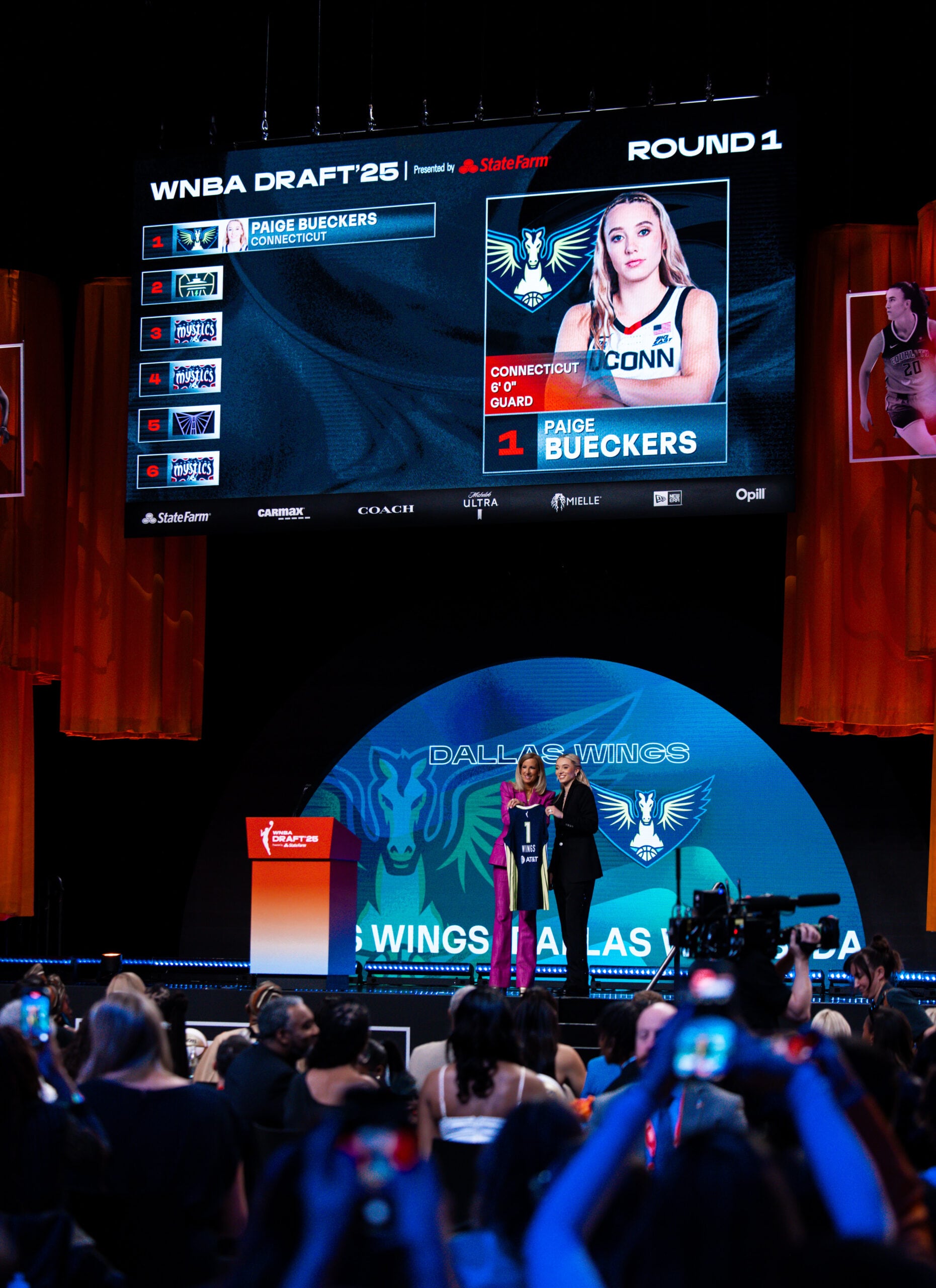 The 2025 WNBA Draft stage when Paige Bueckers was announced the No. 1 pick