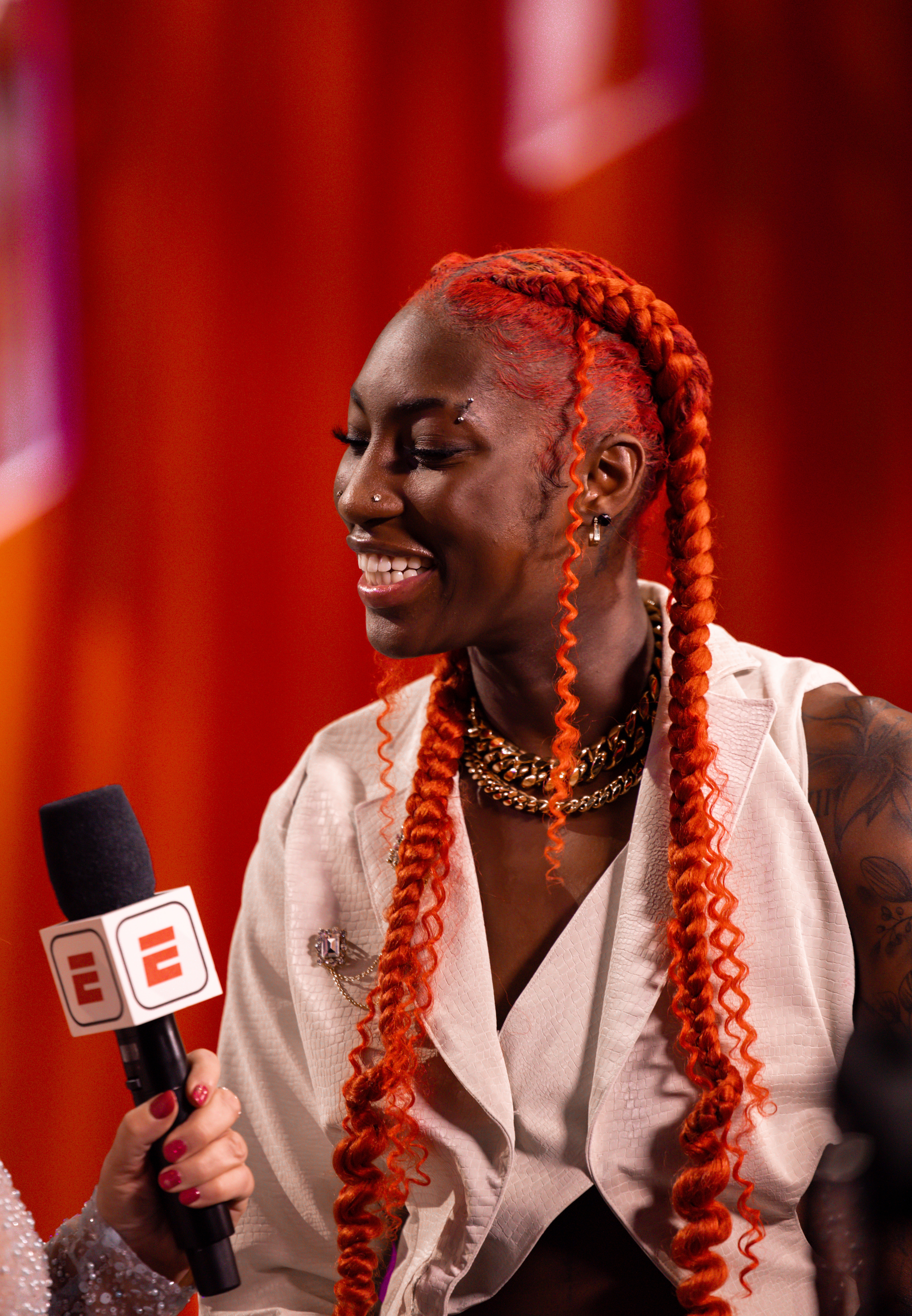 Saniya Rivers smiling during an interview at the 2025 WNBA Draft