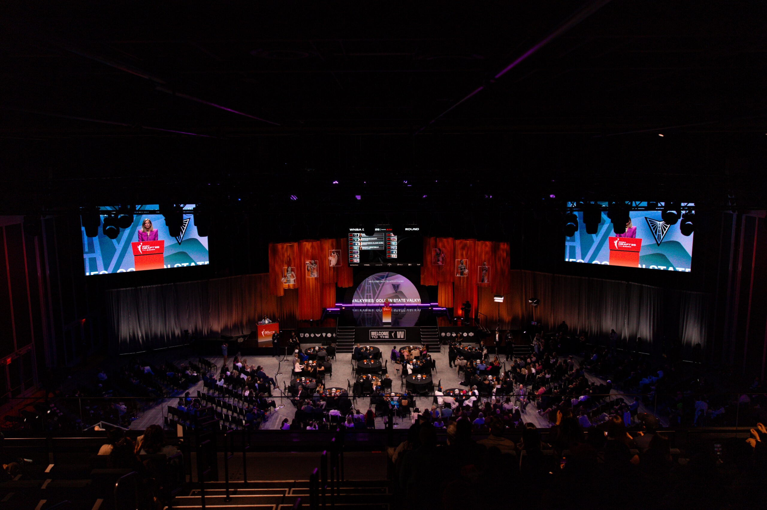 Overview of the draft stage at the 2025 WNBA Draft in New York