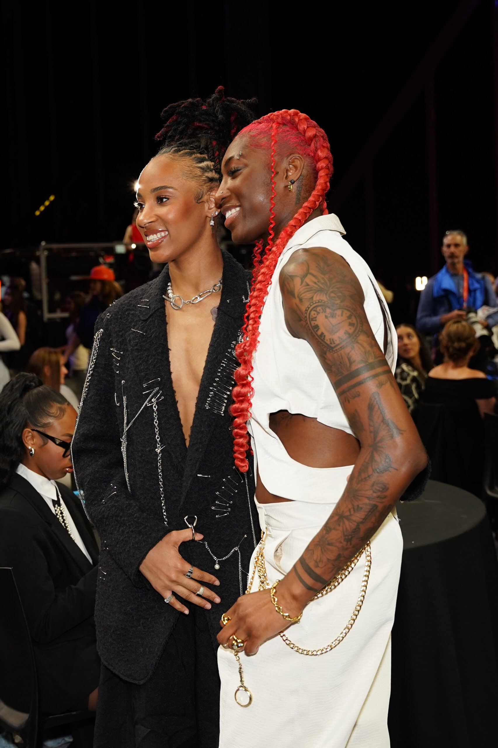 Aziaha James and Saniya Rivers pose for a photo during the 2025 WNBA Draft on April 14, 2025 at The Shed in New York, New York