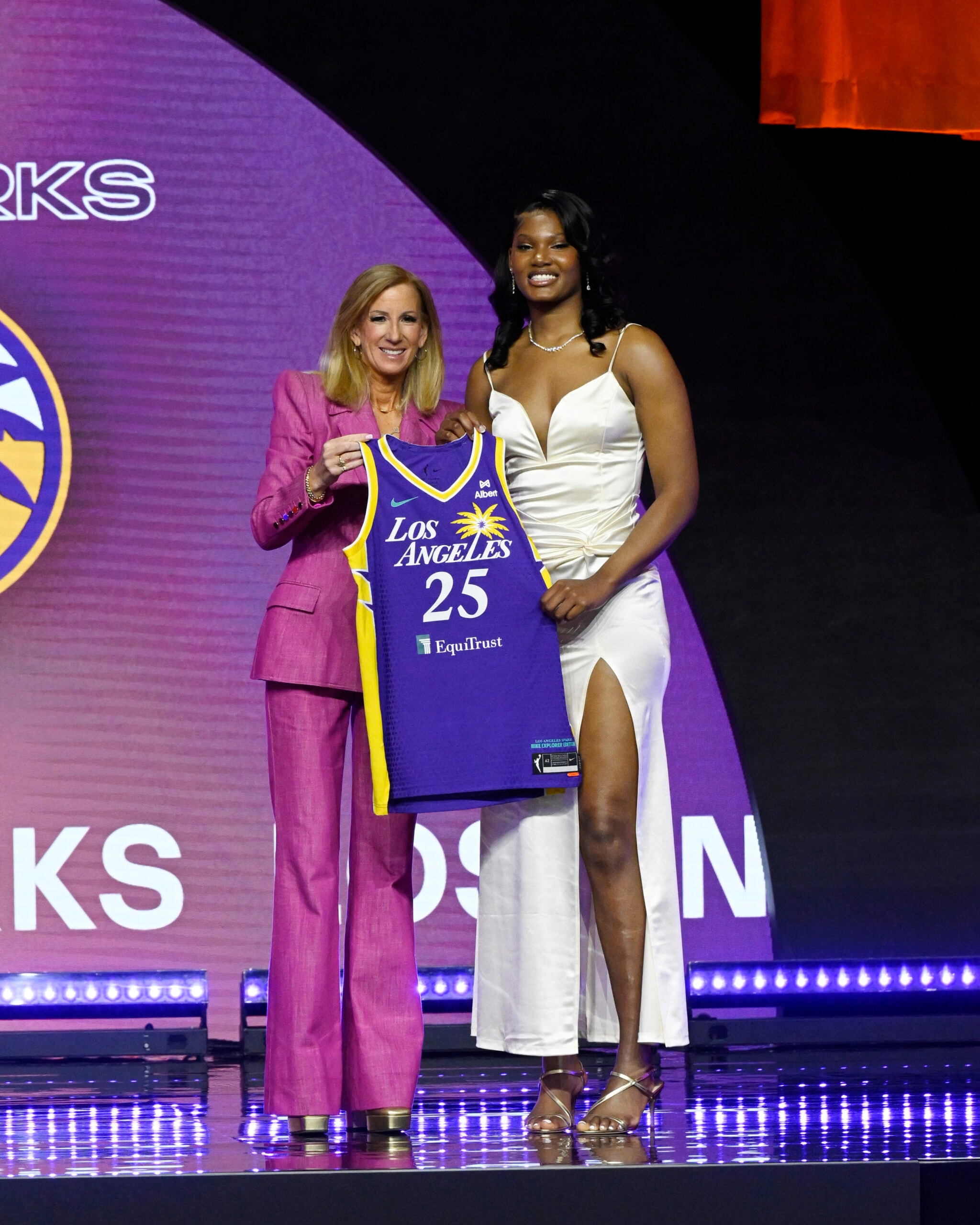 Sania Feagin poses for a picture with Commissioner Cathy Engelbert of the WNBA after being drafted by the Los Angeles Sparks during the 2025 WNBA Draft on April 14, 2025 at The Shed in New York, New York