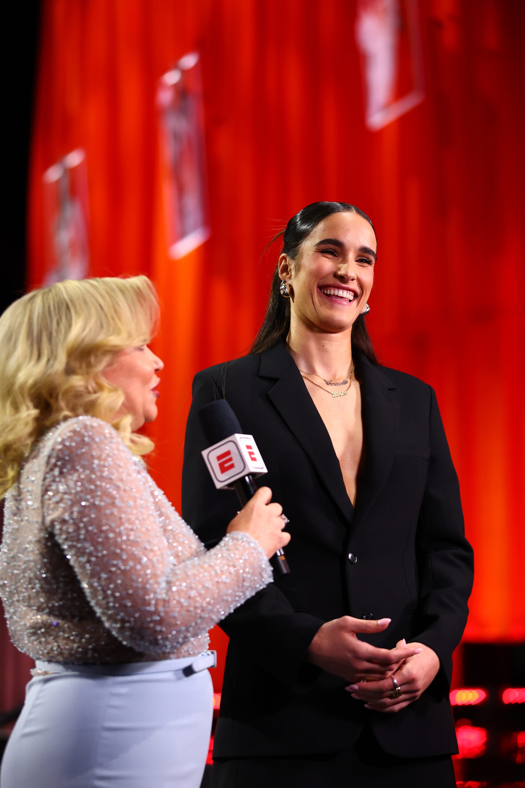 Holly Rowe interviews Sonia Citron after being drafted by the Washington Mystics during the 2025 WNBA Draft on April 14, 2025 at the Shed in New York City, New York.
