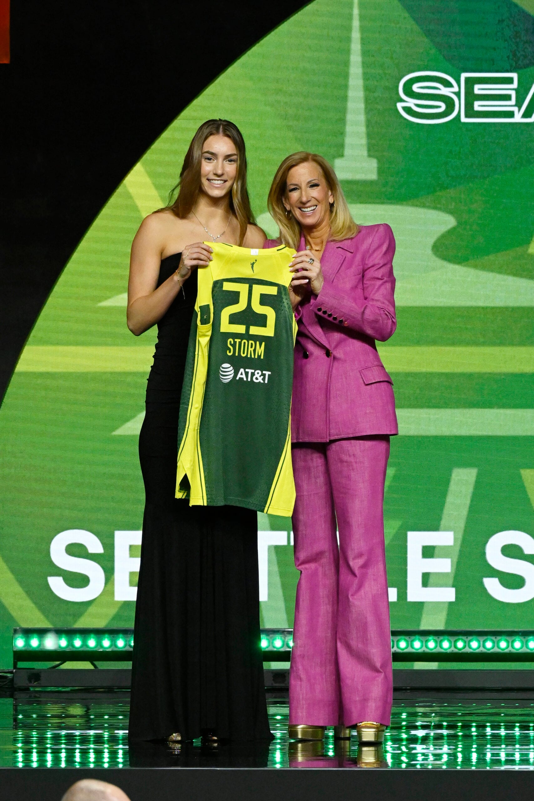 Serena Sundell poses for a picture with Commissioner Cathy Engelbert of the WNBA after being drafted by the Seattle Storm during the 2025 WNBA Draft on April 14, 2025 at The Shed in New York, New York